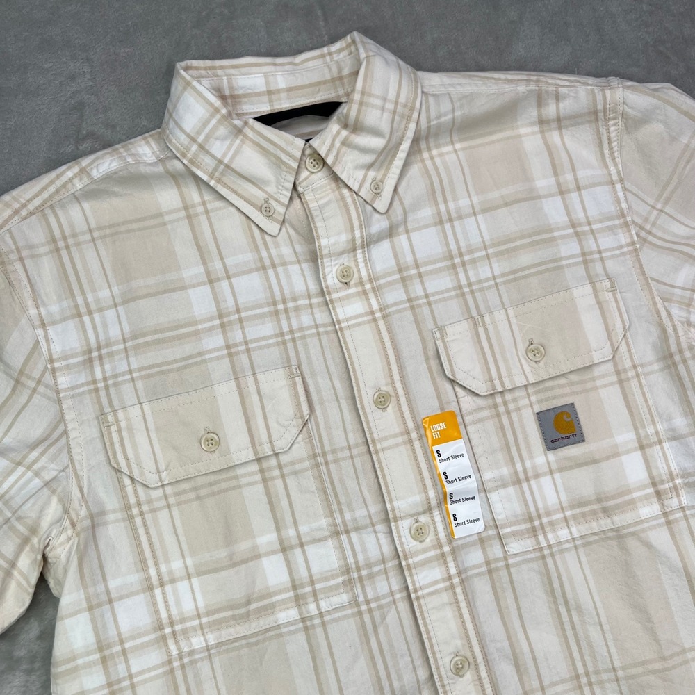 Carhartt Midweight Loose Fit Button Down Shirt Mens S‎ Cream Plaid Short Sleeve